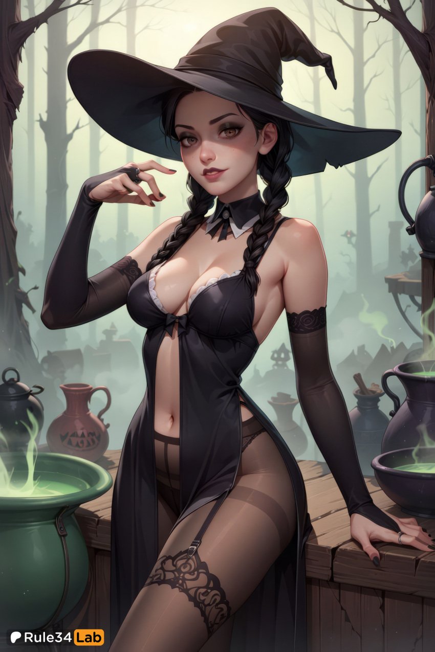 1girls ai_generated artist_name bare_shoulders black_dress black_hair black_nails black_pantyhose braid breasts bridal_gauntlets brown_eyes cauldron cleavage detached_collar dress elbow_gloves garter_straps gloves halloween hat hi_res lips long_hair looking_at_viewer medium_breasts nail_polish navel outdoors panties panties_under_pantyhose pantyhose rule34lab solo the_addams_family thighband_pantyhose thighhighs tree twin_braids underwear wednesday_addams witch witch_hat