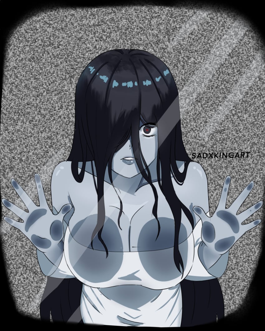 against_glass black_eyes black_hair boob_squish breasts grey_skin lips long_hair pressed_on_glass pressing_breasts sadxkingart white_dress yamamura_sadako