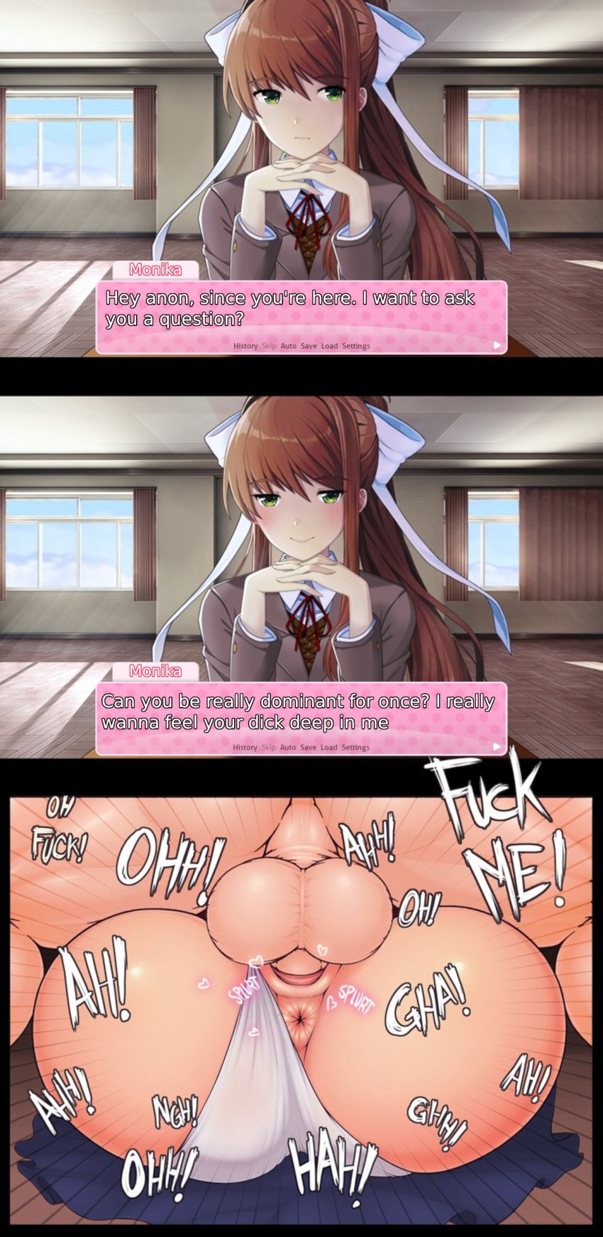 1boy 1girls anus ass backsack big_penis captainjerkpants clothed_sex clothing couple ddlc_background ddlc_text_box doki_doki_literature_club domination edit english_text female femsub fixing_stuff green_eyes hair instant_loss_2koma light-skinned_male long_hair looking_at_viewer male maledom mating_press monika_(doki_doki_literature_club) onomatopoeia panties panties_aside penetration ponytail pussy_grip ribbon school_uniform schoolgirl sex skirt talking_to_viewer vaginal_penetration white white_ribbon