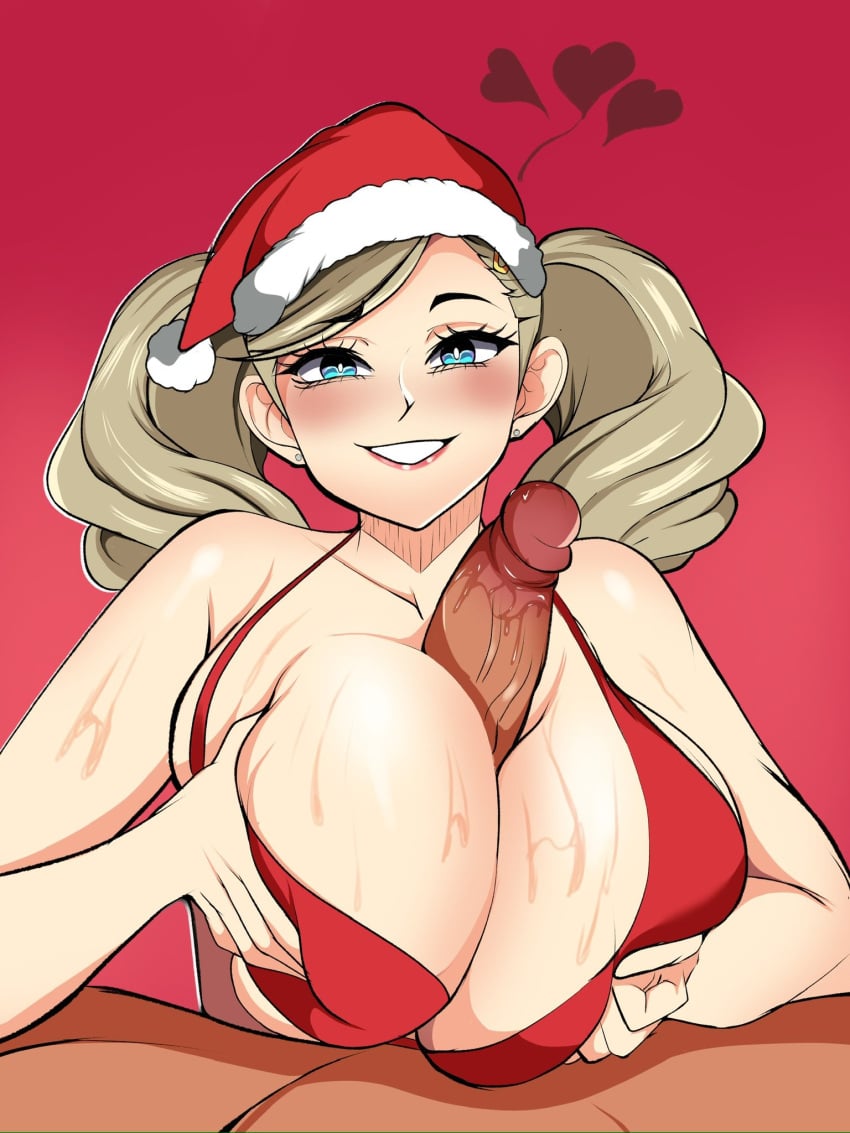 1boy 1girls ann_takamaki big_breasts blonde_hair blue_eyes boobjob bra breasts busty christmas female hat huge_breasts hyperrxgue large_breasts looking_at_viewer male male_pov paizuri penis persona persona_5 pov santa_hat sweat sweaty_body sweaty_breasts titfuck