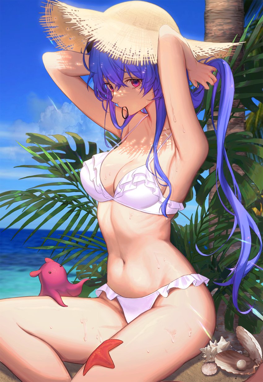 adeptus bikini blue_hair dasu ganyu_(genshin_impact) genshin_impact highres horns midriff navel qilin red_eyes revealing_clothes swimsuit thick_thighs tying_hair