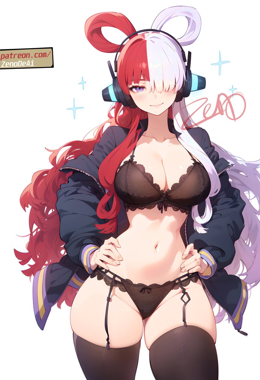 ai_generated bare_belly belly_button big_breasts black_bra black_panties black_thighhighs blush bra breasts cleavage closed_mouth collarbone female female_only garter_belt garter_straps hair_over_one_eye hands_on_own_hips headphones jacket lace-trimmed_bra lace-trimmed_panties lingerie long_hair multicolored_hair one_piece open_jacket panties purple_eyes smile thick_thighs thighhighs thighs underwear uta_(one_piece) zenonde2nd zettai_ryouiki