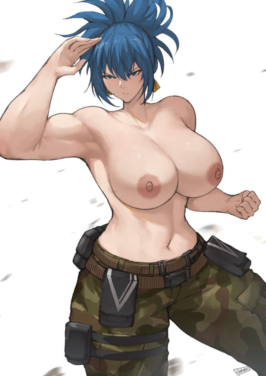 1girls areolae bakaatako batako big_breasts big_nipples blue_eyes blue_hair boobs_out breasts busty clothed curvy curvy_figure cute earrings exhibitionism exposed_breasts female huge_breasts king_of_fighters leona_heidern light-skinned_female light_skin long_hair military military_uniform muscular muscular_female nipples pale-skinned_female pale_skin pants ponytail public round_breasts showing_breasts standing thick thick_legs thick_thighs thighs tied_hair tits_out topless voluptuous voluptuous_female wide_hips