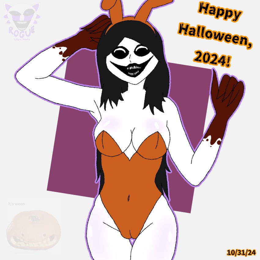 animal_ears bare_legs black_hair blood breasts cameltoe cleavage covered_navel english_text fake_animal_ears female ghost_girl halloween halloween_2024 hi_res horror large_breasts leotard long_hair orange_leotard playboy_bunny rabbit_ears rogue_(artist) scary self_upload smile solo specimen_4 spooky&#039;s_house_of_jump_scares spooky&#039;s_jump_scare_mansion teeth thigh_gap