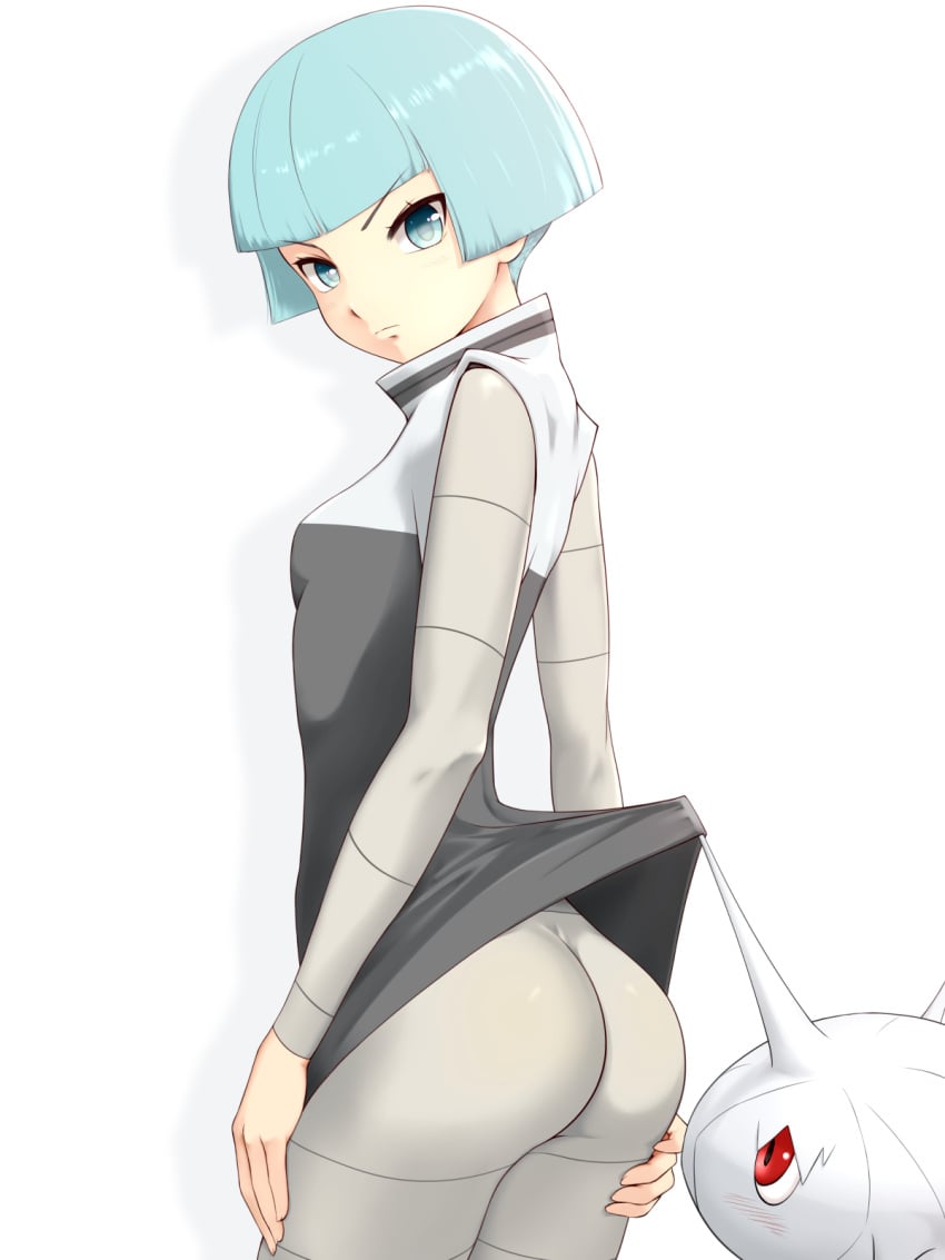 1girls ass blue_eyes blue_hair breasts clothes_lift comugico creatures_(company) eyebrows_visible_through_hair female female_galactic_grunt female_team_galactic_grunt galactic_grunt game_freak highres looking_at_viewer nintendo pokemon pokemon_(game) pokemon_dppt red_eyes shiny shiny_clothes shiny_hair short_hair sideboob skirt skirt_lift small_breasts solo solo_female team_galactic team_galactic_grunt team_galactic_grunt_(female) uniform