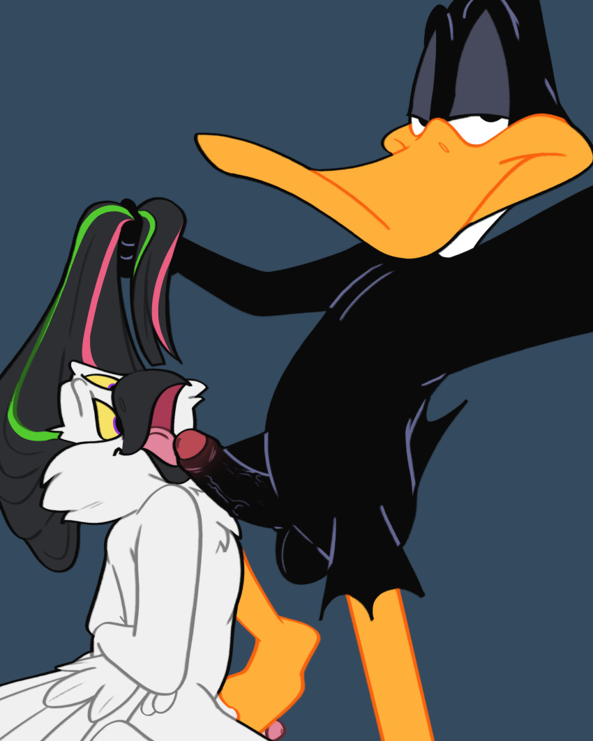 2024 absurd_res anatid anseriform anthro anthro_on_anthro avian balls bird black_body black_feathers daffy_duck duck duo erection feathers feet foot_fetish foot_on_penis foot_play foreskin genitals hairlessboyblunder hi_res looking_back looney_tunes male male/male open_mouth open_smile owl penis simple_background smile smiling_at_viewer warner_brothers white_body white_feathers