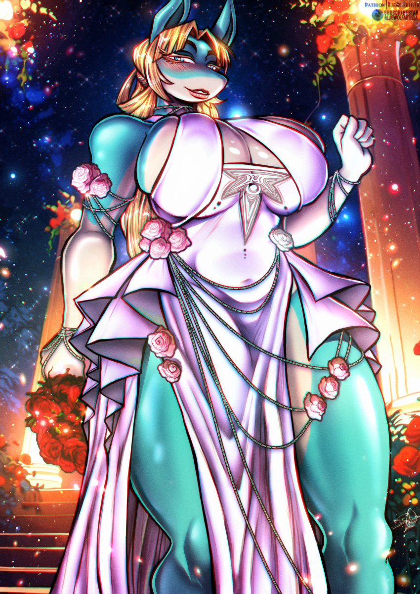 anthro big_breasts blonde_hair blue_eyes blue_fur blue_skin bluewolfartista furry huge_breasts ippan_josei massive_breasts my_hero_academia taller_girl wedding wedding_dress wedding_night