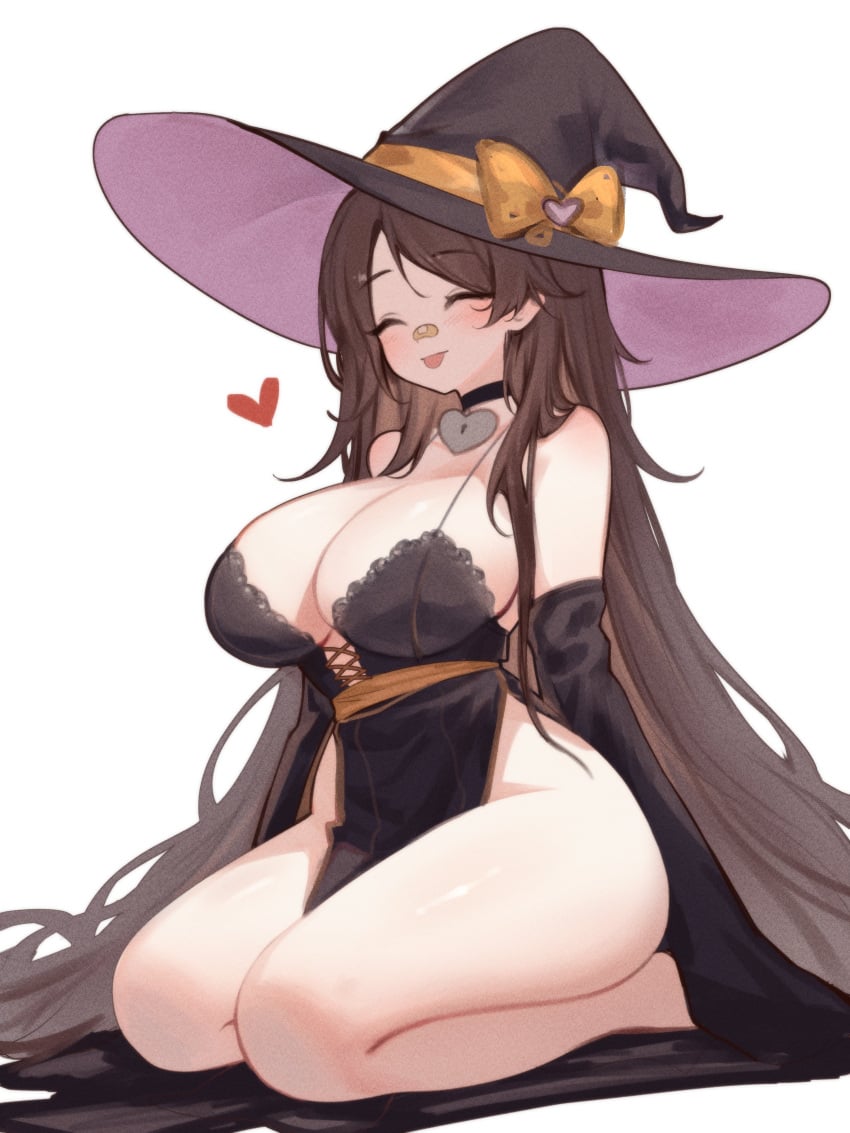 1girls big_breasts black_sleeves blush breasts brown_hair choker closed_eyes clothed female female_focus female_only halloween halloween_costume happy_face heart heart_choker hips indie_virtual_youtuber kneecaps kneeling knees light-skinned_female long_hair long_sleeves sky_(skyaboveme) skyaboveme solo thighs thighs_together tongue tongue_out very_long_hair virtual_youtuber white_background wide_hips witch_hat