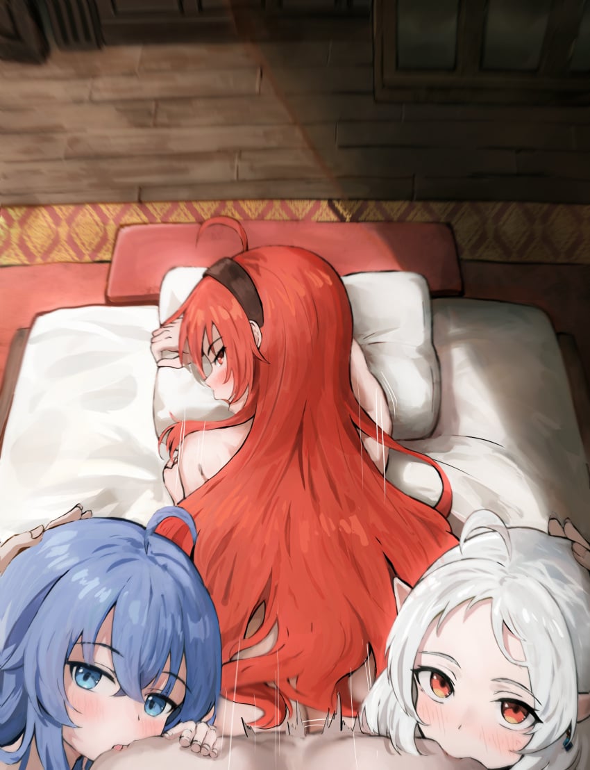 1boy 3girls absurdres ahoge amun_(numamun02) bed bedroom black_hairband blue_eyes blue_hair blush canon_couple canon_polyamory doggy_style elf eris_greyrat full-face_blush group_sex hair_between_eyes hairband hand_on_another's_head harem highres husband_and_wife husband_and_wives long_hair looking_at_viewer looking_back motion_lines multiple_girls mushoku_tensei on_bed open_mouth pointy_ears polygyny red_eyes red_hair roxy_migurdia rudeus_greyrat sex short_hair sucking_both_nipples sucking_male_nipple sylphiette_(mushoku_tensei) vaginal_penetration very_long_hair