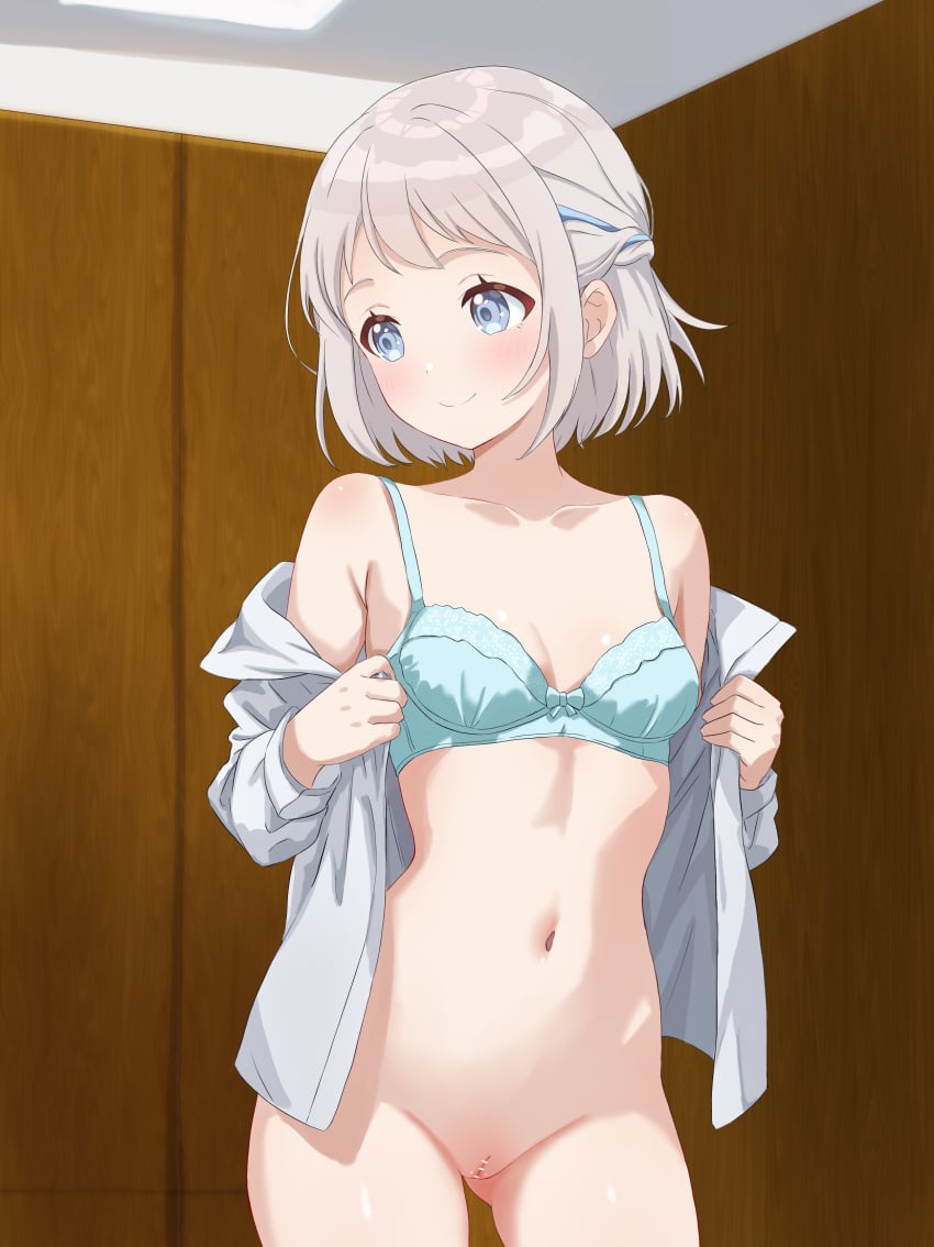 absurdres alpaca_no_otouto aqua_bra armpit_crease bar_censor blue_eyes blue_ribbon blush bottomless bra breasts censored cleft_of_venus collarbone female gakuen_idolmaster grey_hair groin hair_ribbon half_up_braid highres idolmaster indoors katsuragi_lilja linea_alba looking_to_the_side navel open_clothes open_shirt ribbon ribbon_braid shirt_hold short_hair small_breasts smile solo stomach underwear