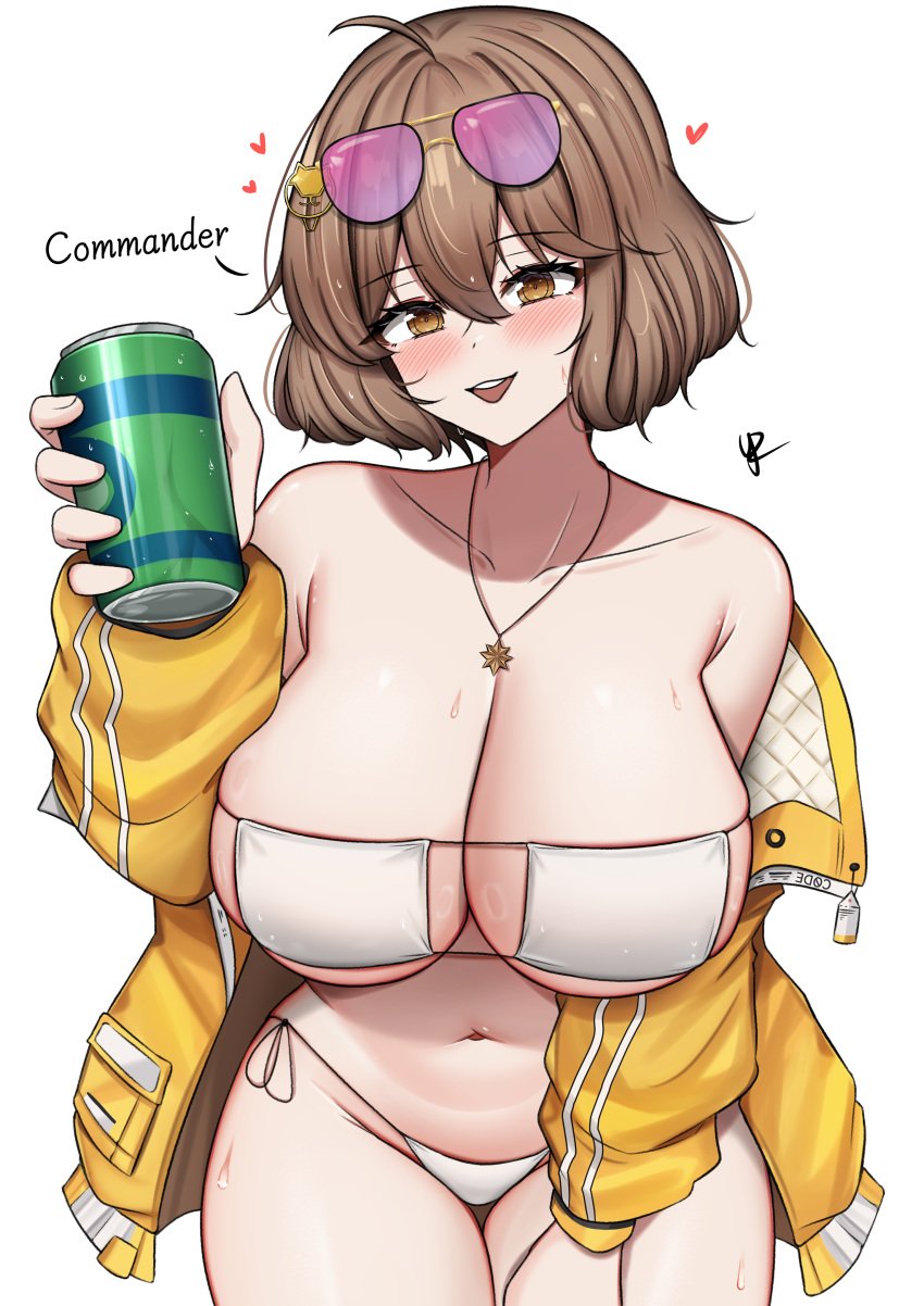 1girls :d absurdres ahoge anis_(nikke) anis_(sparkling_summer)_(nikke) bare_shoulders big_breasts bikini blush breasts brown_eyes brown_hair can cleavage collarbone english_text eyewear_on_head female goddess_of_victory:_nikke hand_on_own_thigh heart highres holding holding_can jacket jewelry large_breasts mask_bikini necklace off-shoulder_jacket off_shoulder official_alternate_costume open_mouth pink-tinted_eyewear short_hair side-tie_bikini_bottom signature simple_background smile solo string_bikini sunglasses sweat swimsuit tinted_eyewear white_background white_bikini yellow_jacket yukaraishin