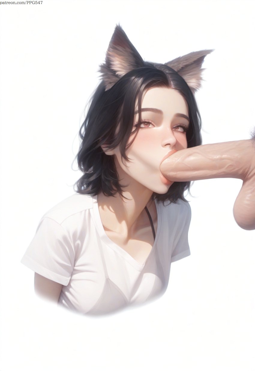 :>= ai_generated black_bra black_hair blowjob blush bra brown_eyes cat_ears catgirl collarbone fellatio huge_balls huge_cock nai_diffusion oral original original_character parted_bangs penis pujopg see-through shirt shoulder_length_hair simple_background small_breasts sucking sucking_penis torogao transparent_clothing veiny_penis white_background young