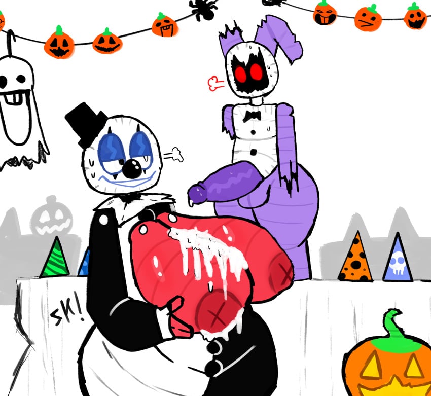 art_the_clown bonnie_(fnaf) breasts_focus breasts_out cosplay cosplaying cosplaying_as_character cum cum_on_body cum_on_breasts cumming el_sick five_nights_at_freddy's five_nights_at_freddy's_2 halloween_2024 halloween_decoration halloween_pumpkin halloween_theme paper_pals paperpals straight withered_bonnie