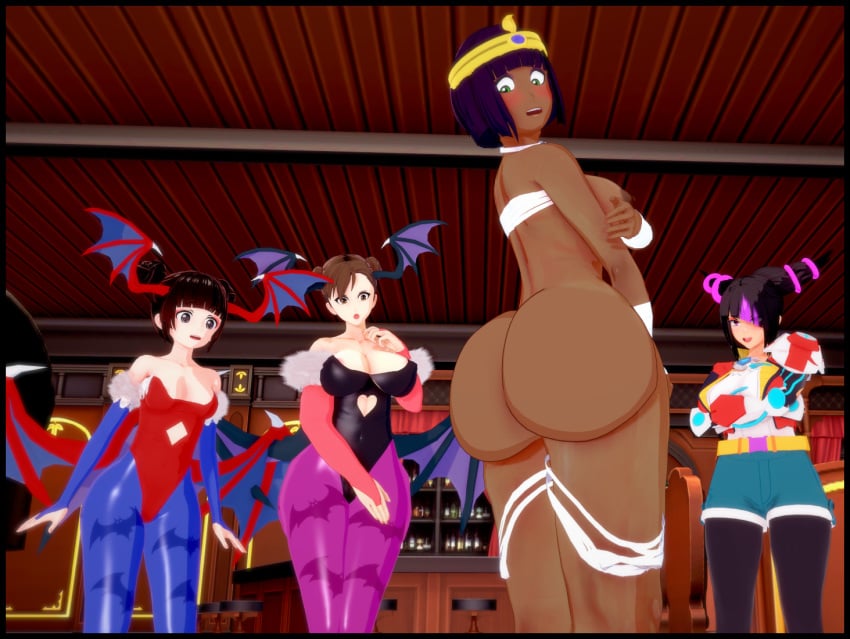 4girls amanwithnoplan ass big_ass big_breasts black_hair breasts brown_hair chun-li cosplay cosplay_request dark-skinned_female dark_skin darkstalkers double_bun embarrassed_nude_female enf female female_only head_wings huge_ass juri_han large_ass large_breasts li-fen lilith_aensland_(cosplay) menat morrigan_aensland_(cosplay) multiple_girls purple_hair street_fighter street_fighter_6 street_fighter_v wardrobe_malfunction wings