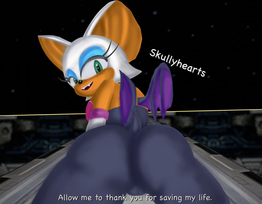 1girls 2d_(artwork) bat bat_wings big_ass big_butt bubble_ass bubble_butt chiropteran dialogue fangs knuckles_the_echidna looking_at_viewer looking_back presenting_hindquarters rouge_the_bat sega showing_ass showing_off skullyhearts smile sonic_(series) sonic_adventure sonic_adventure_2 sonic_the_hedgehog_(series) tight_clothes tight_clothing white_fur wings yellow_skin