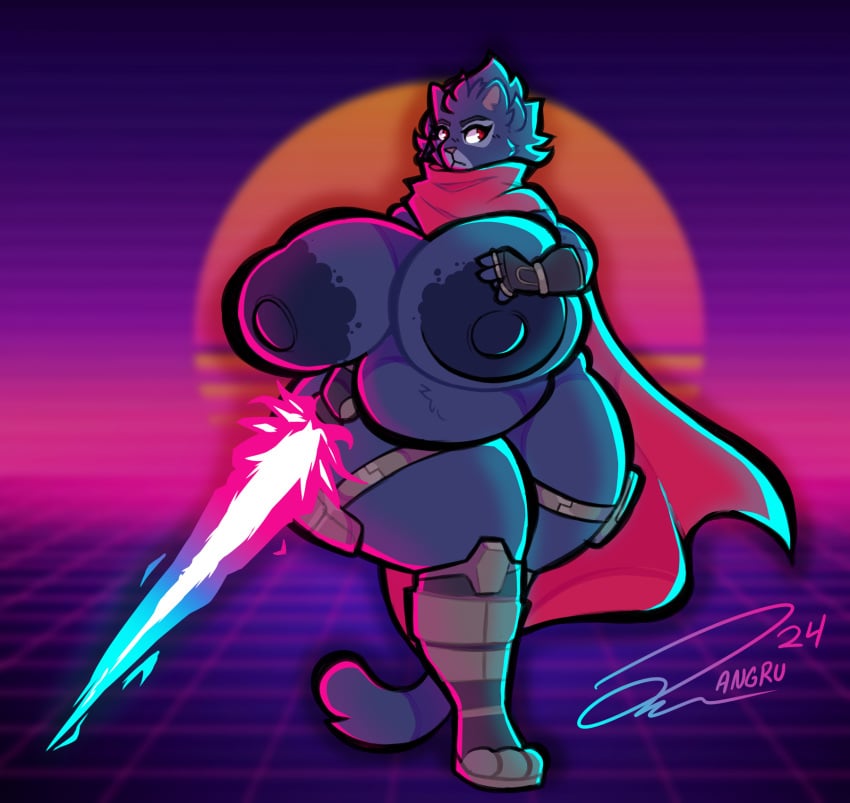 angrupan anthro armor belly big_breasts big_nipples breasts cape clairen_(rivals_of_aether) clothing domestic_cat felid feline felis female hi_res mammal mostly_nude nipples rivals_of_aether slightly_chubby solo thick_thighs