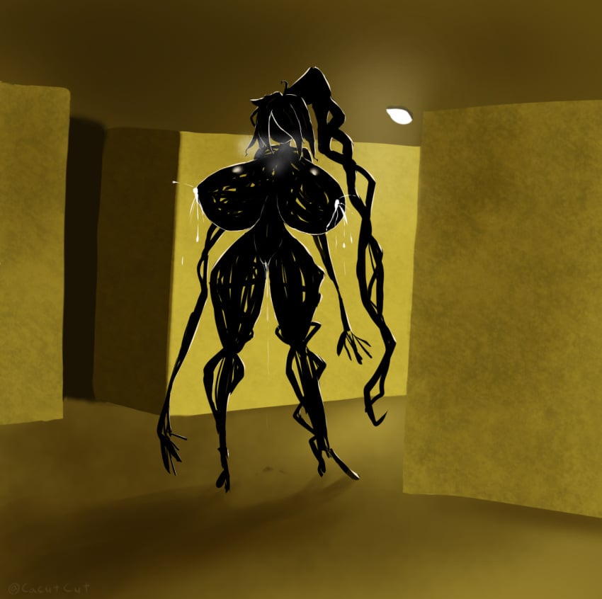 1girls 3d_background backrooms backrooms_creature bacteria_(backrooms) big_breasts black_body black_hair black_skin cacutcut female_only huge_breasts lactation milk monster monster_girl mythology navel nightmare_waifu public_domain slim taller_girl tendrils the_backrooms urban_legend yellow_background