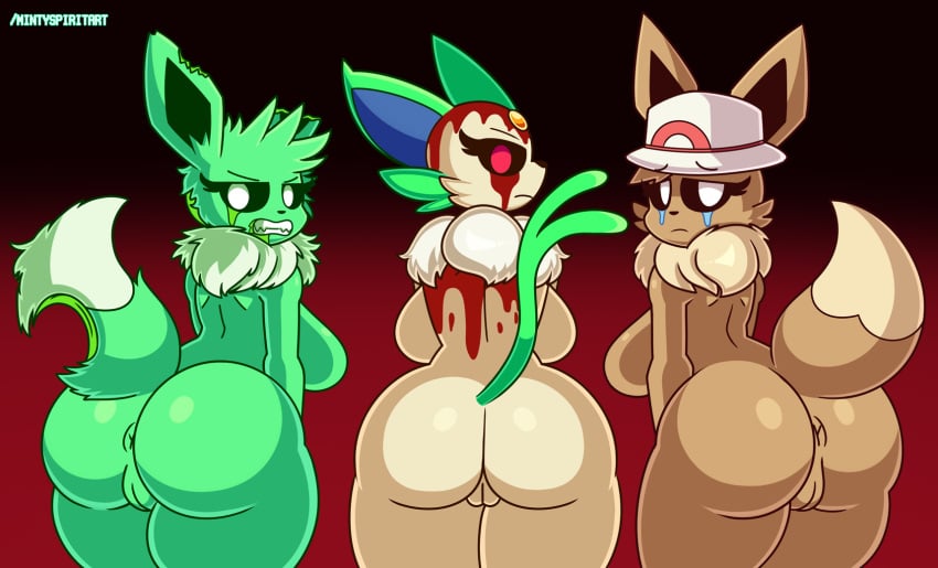 2024 abandon_lonliness anthro anus ass big_breasts big_butt black_sclera blood bodily_fluids breasts brown_body brown_fur clothing creepypasta crying eeeee eevee female fur generation_1_pokemon genitals green_body green_fur group hat headgear headwear hi_res lonliness looking_at_viewer looking_back mintyspirit neck_tuft nintendo pokemon pokemon_(species) pussy red_eyes sad tears thick_thighs trio tuft undead white_body white_eyes white_fur zombie zombreon