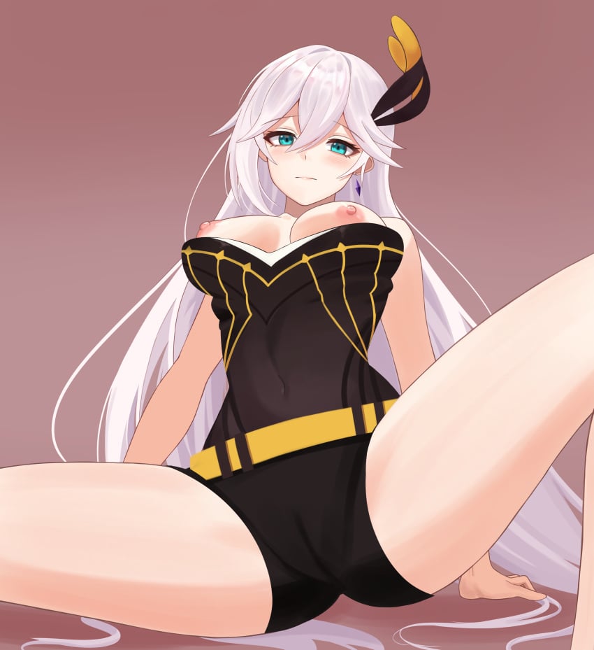 aircell big_breasts blue_eyes blush breasts cecilia_schariac crotch earrings exposed_breasts honkai_impact honkai_impact_3rd nipples tagme thick_thighs thighs tight_clothing white_hair