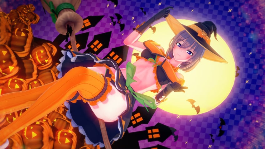 3d bikini doki_doki_literature_club halloween halloween_costume human human_only jack-o'-lantern light-skinned_female light_skin mashirosolera pumpkin sayori_(doki_doki_literature_club) skimpy skimpy_bikini skimpy_clothes witch witch_costume witch_hat