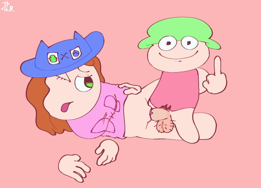 balls ballsack bambi_(moldygh) blue_hat bottomless dave_and_bambi_mod disembodied_hand disembodied_hands green_eyes green_hat headwear middle_finger moaning original_character penis pubes pubes_exposed pussy topwear vagina vaginal_penetration