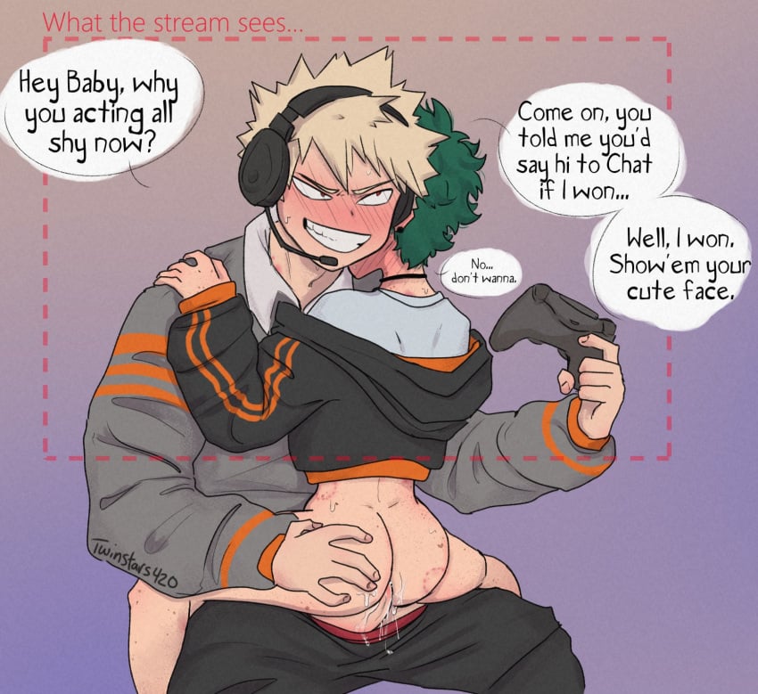 1boy 2boys anal artist_name ass ass_grab bad_tag bakugou_katsuki bite_mark black_jacket black_pants blonde_hair blush boku_no_hero_academia bones_(company) bottomless choker clothes_pull controller crop_top english_text femboy freckles game_controller green_hair grey_shirt grin hand_on_another's_shoulder hands_on_another's_shoulders headphones headset highres holding holding_controller holding_game_controller hood hood_down hoodie izuku_midoriya jacket katsuki_bakugou long_sleeves looking_at_another male_focus midoriya_izuku multiple_boys my_hero_academia pants pants_pull penis playing_games red_eyes sex shirt short_hair shounen_jump sitting sitting_on_lap sitting_on_person smile speech_bubble straddling sweat talking teeth twinstars420 upright_straddle yaoi