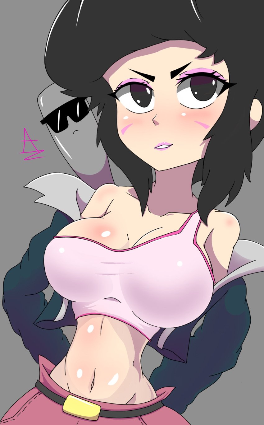 bibi_(brawl_stars) black_hair brawl_stars breasts mr_bat_(brawl_stars)