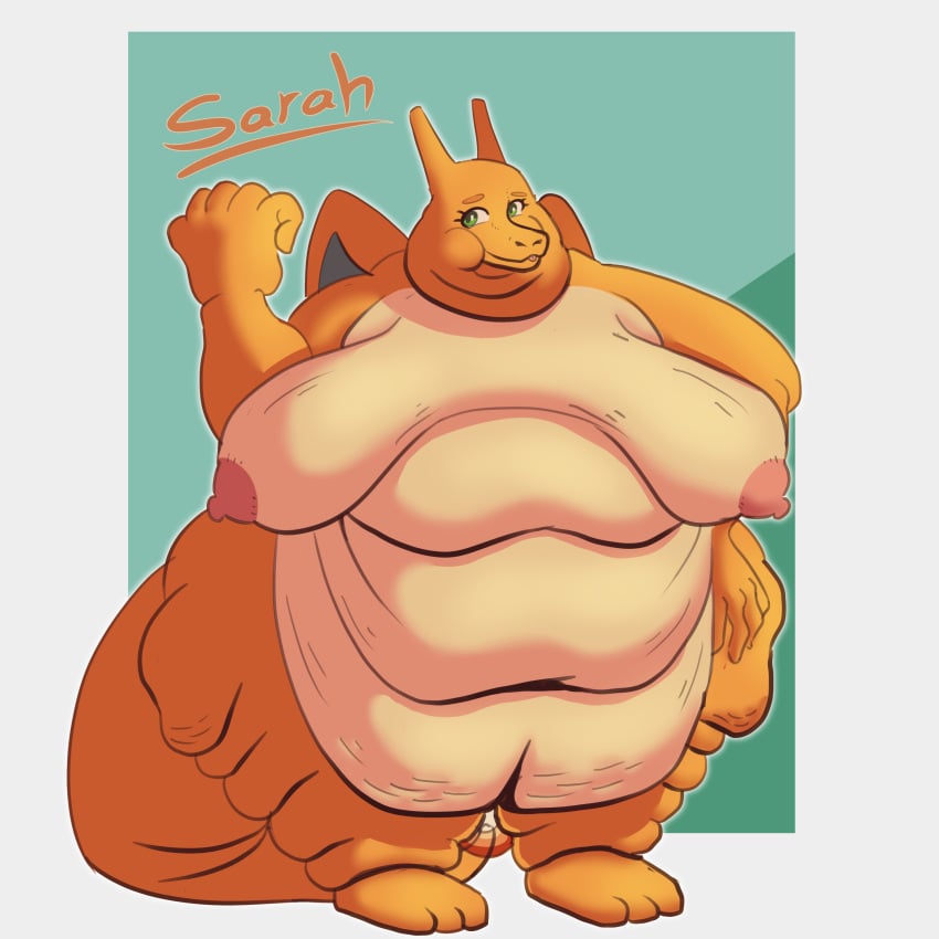 absurd_res anthro belly belly_overhang big_belly big_breasts breasts cellulite charizard countershading fat_arms female fire generation_1_pokemon hi_res horn huge_breasts luminared morbidly_obese morbidly_obese_female nintendo nude obese obese_female orange_body orange_scales overweight overweight_female pokemon pokemon_(species) pokemorph scales solo thick_thighs weight_gain wide_hips wings