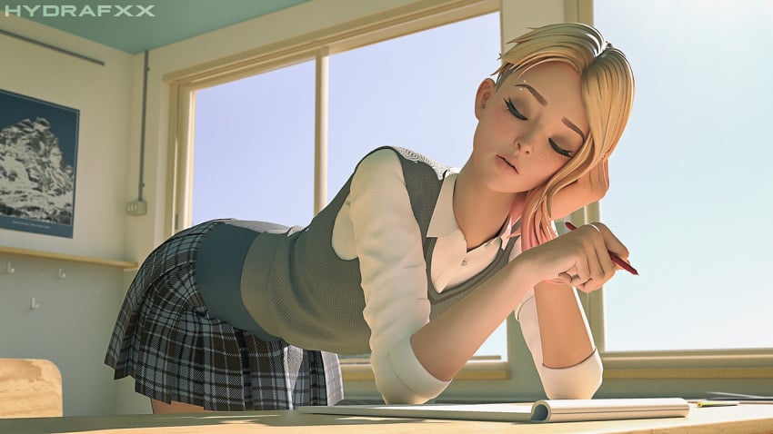 1girls 3d asymmetrical_hair blonde_hair blue_eyes closed_eyes desk eyebrow_piercing eyelashes female female_focus female_only forehead gwen_stacy gwen_stacy_(spider-verse) hi_res holding_object hydrafxx indoors legs light-skinned_female light_skin lips lipstick looking_at_viewer looking_back makeup marvel marvel_comics medium_breasts schoolgirl shirt skinny_girl skirt sleeveless slim slim_waist solo solo_female spider-gwen spider-man:_across_the_spider-verse spider-man_(series) thigh_gap