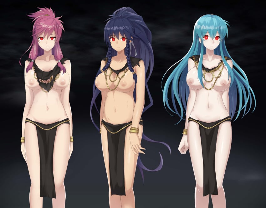 3girls bare_legs blue_hair braid breasts dancer darekku dark_blue_hair eirika_(fire_emblem) female female_only femsub fire_emblem fire_emblem:_the_sacred_stones frown full_body harem_outfit large_breasts legs light_blue_hair loincloth long_hair marisa_(fire_emblem) mind_control multiple_girls multiple_subs nintendo nipples open_mouth pelvic_curtain pink_hair ponytail red_eyes slave standing tana_(fire_emblem) topless torn_clothes twin_braids very_long_hair