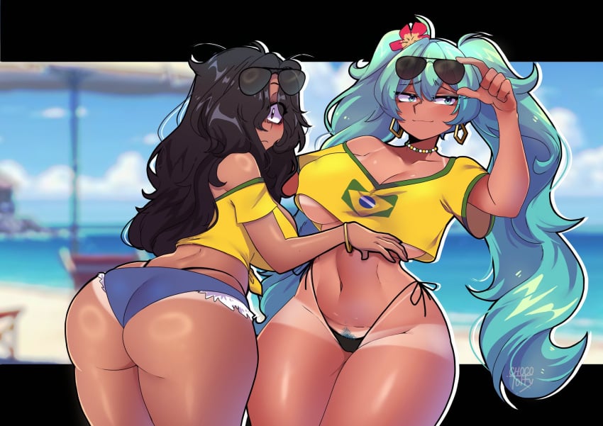 2girls ass black_hair brazilian_flag brazilian_miku brazilian_sadako brown_skin chocotoffy dark-skinned_female dark_skin eye_bags female female_only green_eyes green_hair gyaru hair_over_one_eye hatsune_miku hi_res latin_american_hatsune_miku_(meme) long_hair looking_at_viewer minishorts pubic_hair side-tie_panties smiling smiling_at_viewer sunglasses sunglasses_on_head t-shirt tan_body tan_skin tanline the_ring thick_ass thick_thighs twintails vocaloid yamamura_sadako