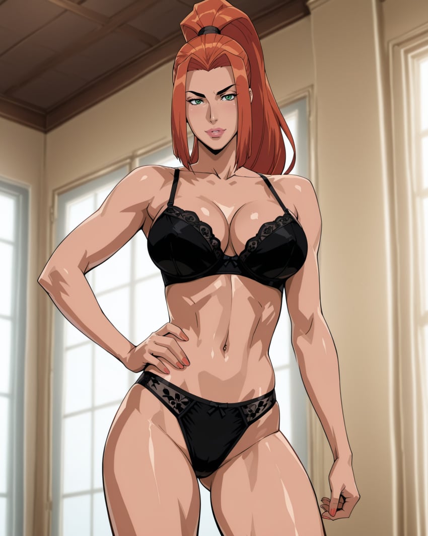 ai_generated artemis_(dc) artemis_of_bana-mighdall black_underwear bra dc dc_comics green_eyes lacy_bra lacy_panties large_ass large_breasts ponytail red_hair toned toned_female underwear