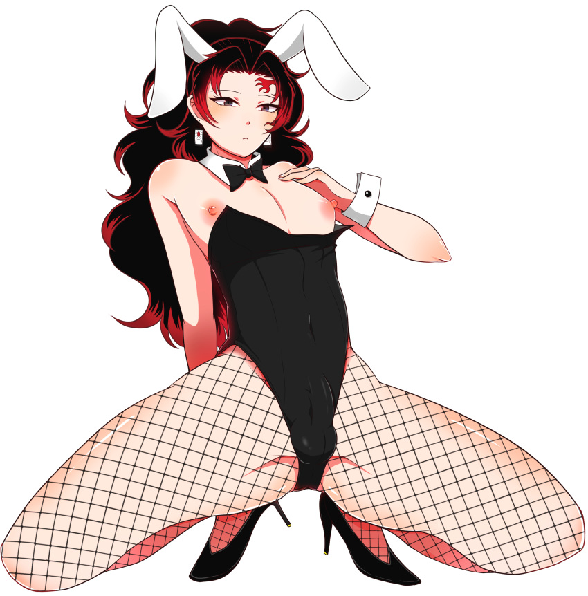 1boy alternate_costume androgynous black_hair bowtie bulge bunny_boy bunny_ears bunnysuit bunnysuit_bulge demon_slayer detached_collar erect_nipples erection erection_under_clothes expressionless facial_mark femboy feminine_male fishnet_pantyhose fishnet_stockings fishnets girly high_heels kimetsu_no_yaiba long_hair male male_only penis_bulge ponytail red_highlights solo squatting testicle_bulge trap two_tone_hair wrist_cuffs yoriichi_tsugikuni yukichi100yu