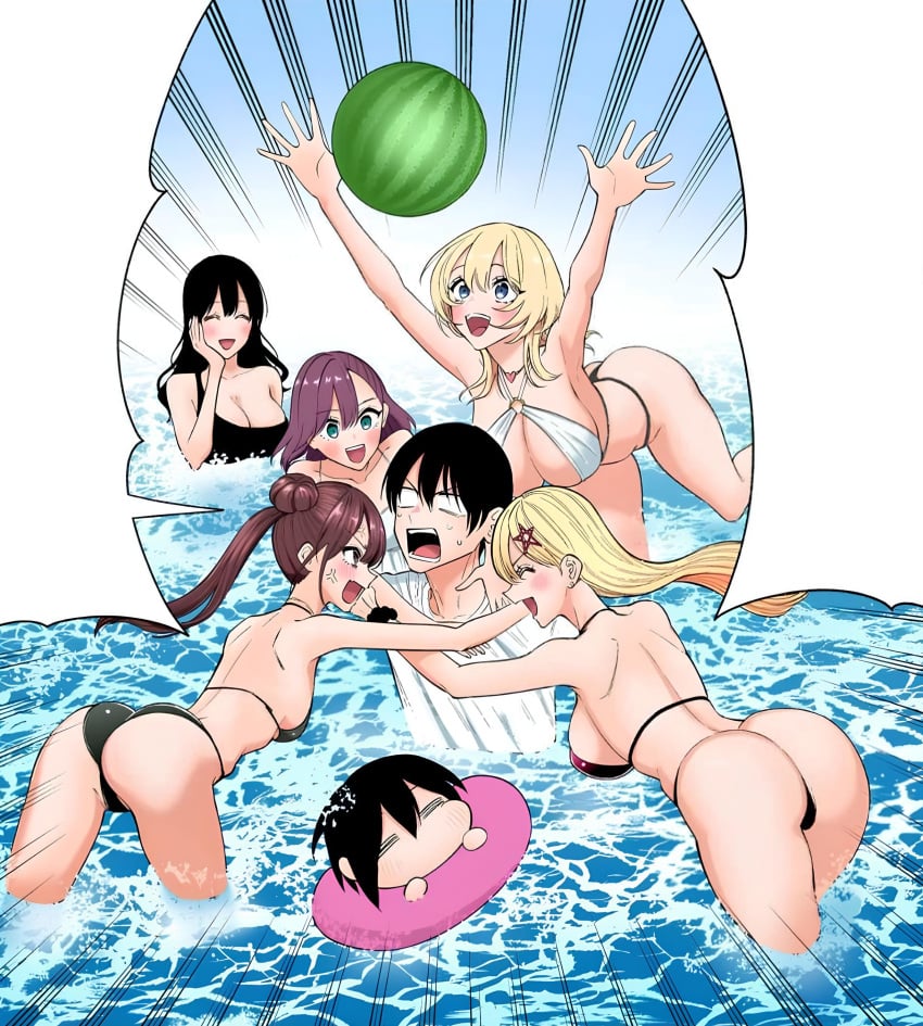 2.5_jigen_no_ririsa abe_marina amano_ririsa armpits arms_up ass back backboob bare_arms bare_legs bare_shoulders bare_thighs big_breasts bikini black_bikini black_hair blonde_hair blue_eyes blush breasts brown_eyes brown_hair chibi cleavage closed_eyes collarbone female green_bikini gyaru hair_ornament hashimoto_yuu huge_breasts kisaki_aria long_hair manga medium_breasts medium_hair nonoa_(2.5_jigen_no_ririsa) ocean official_art okumura_masamune open_mouth partially_submerged purple_hair short_hair shoulder_blades smile tachibana_mikari thick_ass thick_thighs thighs toned toned_female tsubaki_hana twintails underboob water white_bikini_top
