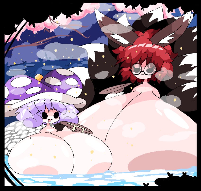 alcohol animal_humanoid areola asian_mythology beer beverage big_areola big_breasts breasts breasts_bigger_than_head canid canid_humanoid canine canine_humanoid cherry_blossom east_asian_mythology eyewear female flower fox fox_humanoid fox_spirit fungus glasses hair hi_res huge_areola huge_breasts humanoid hyper hyper_areola hyper_breasts japanese_mythology larger_female male male_(lore) mammal mammal_humanoid multicolored_ears multicolored_tail mushroom mushroom_cap mythology plant prunus_(flower) purple_hair red_hair rogywantscoffee sake size_difference smaller_male tail yokai