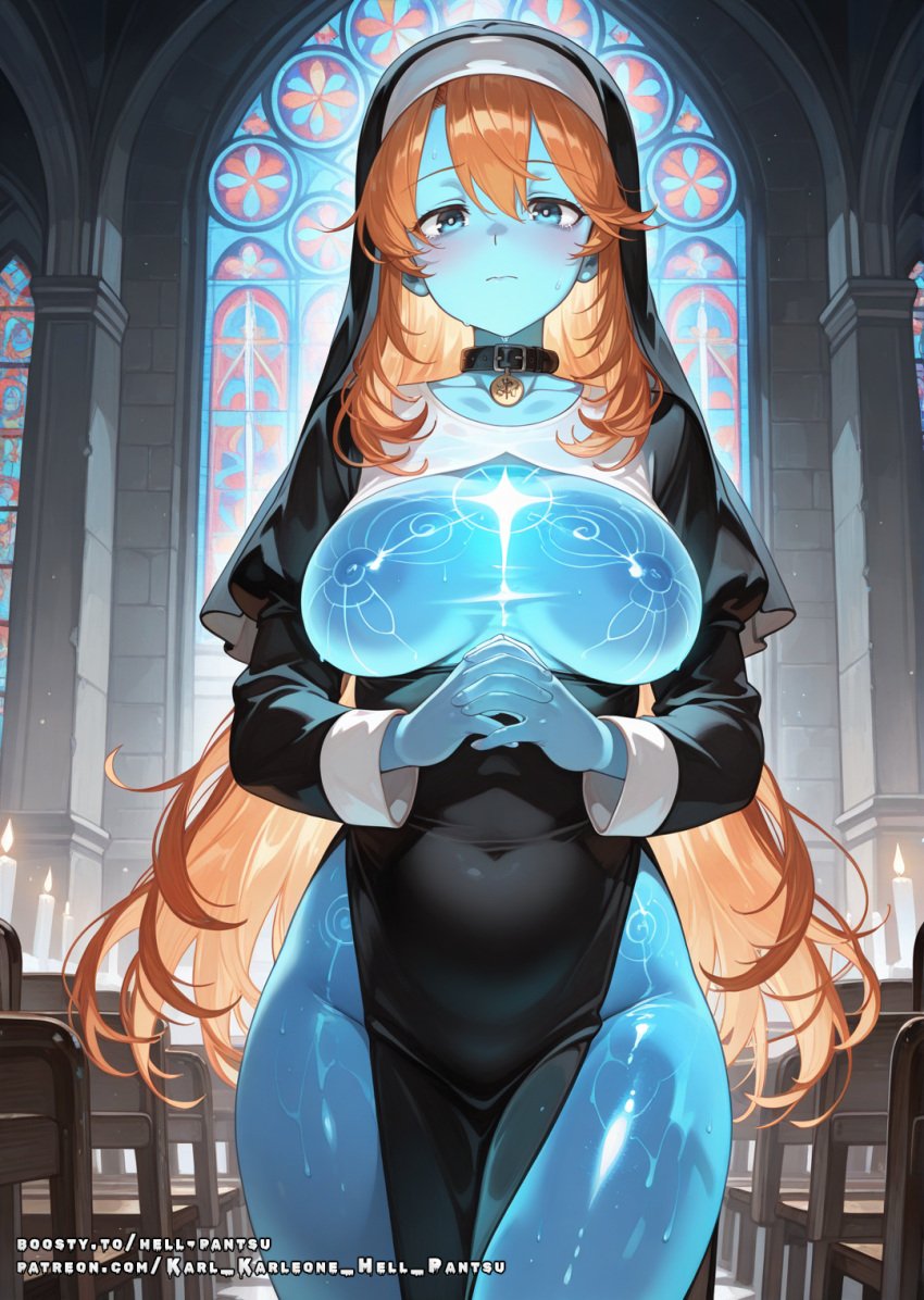 ai_generated big_breasts blue_eyes color colored female hell-pantsu hips nun nun_outfit orange_hair slime solo uncensored wide_hips