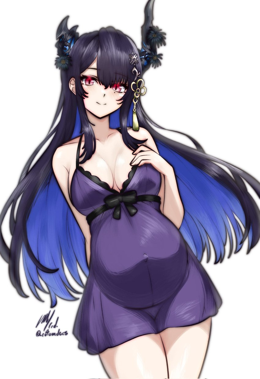 1girls 2024 :) babydoll bare_shoulders big_breasts black_hair breasts cleavage collarbone dress dutch_angle female female_only hair_accessory hand_on_own_chest highres hips hololive hololive_english hololive_english_-advent- horns light-skinned_female light_skin long_hair looking_at_viewer mole mole_under_eye navel_visible_through_clothes nerissa_ravencroft pregnancy pregnant pregnant_belly pregnant_female red_eyes rotomdocs sidelocks smile solo standing thighs virtual_youtuber vtuber waist white_background