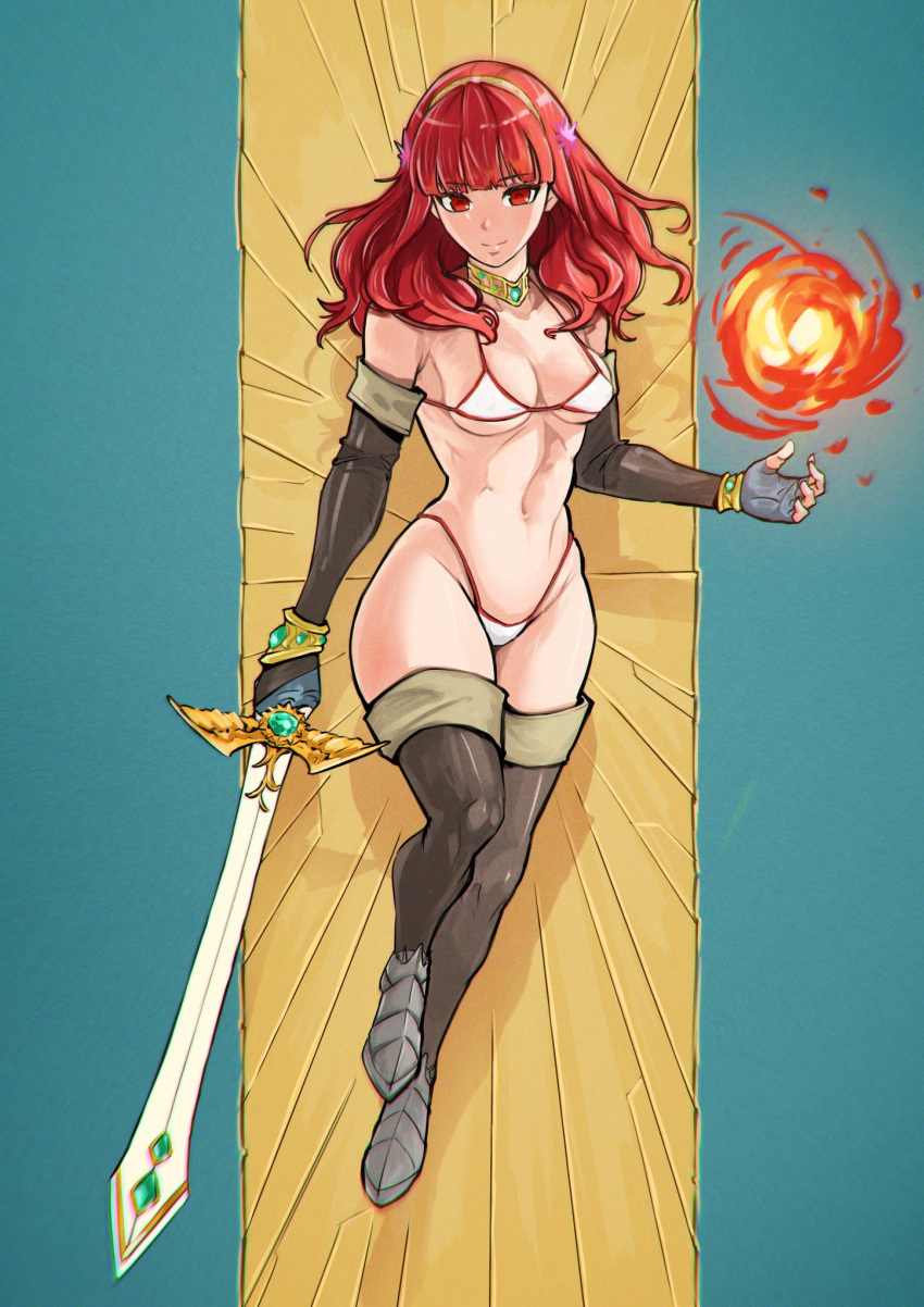 1girls bangs bikini bikini_armor blunt_bangs breasts celica_(fire_emblem) cleavage collar female female_only fire_emblem fire_emblem_echoes:_shadows_of_valentia fireball looking_at_viewer medium_breasts micro_bikini nintendo red_eyes red_hair revealing_clothes saradudon skimpy_clothes sword thick_thighs thighs weapon