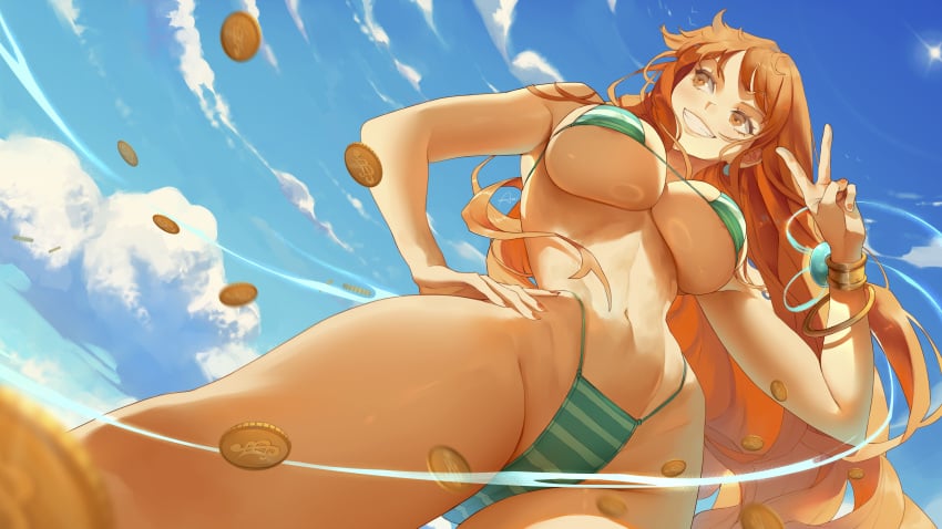 1girls 2d 2d_(artwork) 2d_artwork 4k 4k_resolution araneesama background berry big_boobs big_breasts big_thighs big_tits bikini blue_background blue_sky breasts brown_eyes brown_eyes_female clothing cloud clouds female female_focus female_only green_bikini hi_res high_quality high_resolution highres money nami_(one_piece) one_piece orange_hair orange_hair_female redhead redhead_female sfw sfw_version sky smile smiley_face solo solo_female solo_focus thick_thighs thighs white_bikini