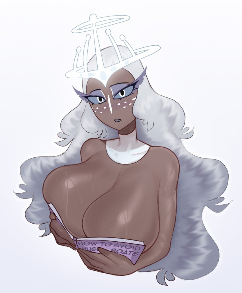 1girls angel angel_halo boobs_in_book_(meme) book book_covering_breasts breasts bust cleavage color curly_hair dryvial female female_focus female_only gray_hair halo hazbin_hotel holding_book holding_object huge_breasts large_boobs large_breasts long_hair looking_at_viewer ouch_meme sera_(hazbin_hotel) silver_hair simple_background solo sweaty vivziepop white_background
