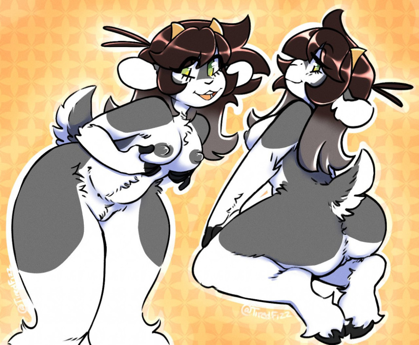 2022 anthro areola bovid breast_grab breasts bups caprine chest_tuft countershading eyelashes female furry genitals goat hand_on_breast hooves horn looking_at_viewer looking_back looking_back_at_viewer mammal nipples nude nude_anthro nude_female original original_character pattern_background pussy rear_view simple_background smile solo thick_thighs tiredfizz tuft