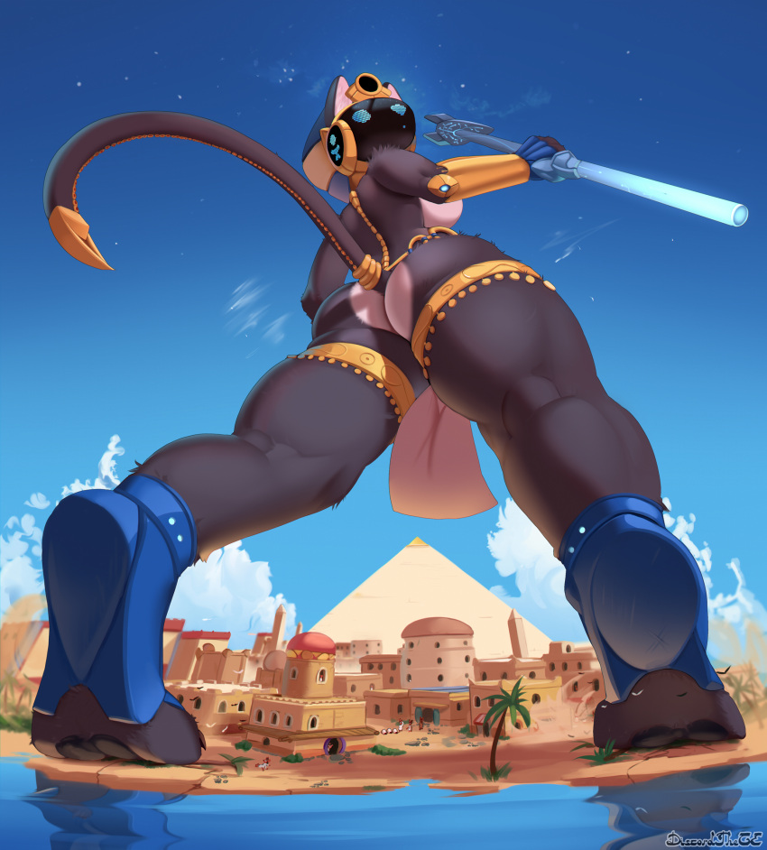 anthro ass b4s-t3t(discordthege) cybernetics discordthege egyptian_mythology female hi_res low-angle_view machine macro micro middle_eastern_mythology mythology nude paws protogen solo thick_thighs