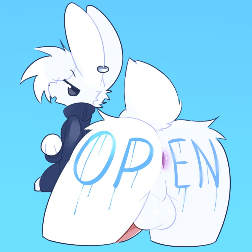 anal animal_humanoid anthro anus ass balls big_butt big_ears carbanogg clothing ear_piercing ear_ring femboy fluffy fluffy_butt fur genitals happy hi_res humanoid lagomorph lagomorph_humanoid male mammal mammal_humanoid nude paint penis piercing ring ring_piercing scut_tail short_tail sissy solo sweater tail text topwear white_body white_fur