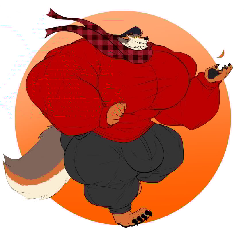 2020 anthro big_bulge big_muscles big_pecs black_bottomwear black_clothing black_pants bottomwear bulge canid canine clothing heartssoul hi_res huge_bulge huge_muscles huge_pecs hyper hyper_bulge hyper_muscles hyper_pecs male mammal muscular pants pecs red_clothing red_sweater red_topwear running scarf smile solo sweater three-quarter_view topwear
