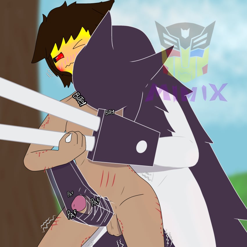 bite bite_mark claw_marks dominant dominant_female duo female femboy grabbing_from_behind hi_res human humanoid male male/female mammal masturbation mimix_(character) mimixenmascarado miss_circle outside