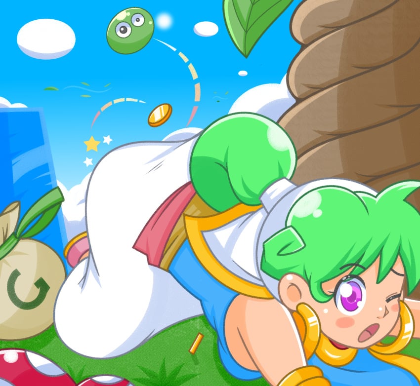 asha_in_monster_world ass ass_up baggy_pants clumsy comedy cute cute_face earrings gaming gold_bracelet gold_earrings gold_jewelry green_hair jelly monster_world_(series) monster_world_4 monster_world_iv mushroom purple_eyes retro rpg sega sega_genesis shocked_expression sunlight tripping video_game video_game_character video_game_franchise video_games wonder_boy wonder_boy_(series)