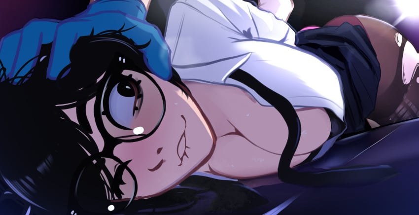 1girls 1other absurd_res arrest arrested biting_lip black_eyes black_hair black_tie button_down_shirt cleavage female glasses head_on_hand highres open_shirt restrained restrained_arms rosen_(veyonis) torn_clothes torn_pantyhose veyonis white_shirt