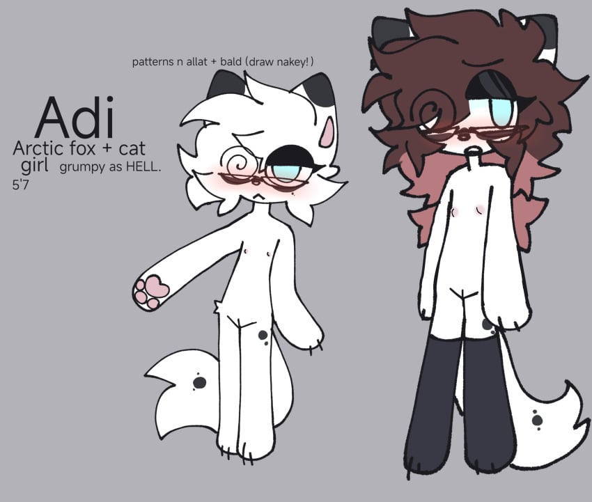 adi_(mewdelynn) animation_meme_community artic_fox black_spots brown_hair cub cute_artstyle cyan_eyes flat_chest mewdelynn red_highlights reference_sheet stockings thighhighs