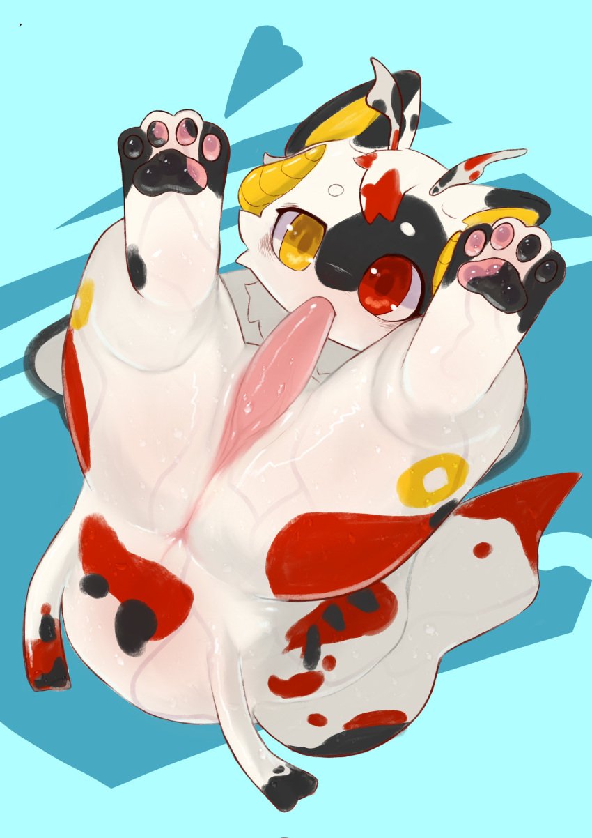 absurd_res animal_humanoid anthro autofellatio black_markings blue_background blush circle_eyebrows cypriniform cypriniform_humanoid dipstick_ears dipstick_tail ear_markings eyebrows falni feet fish fish_humanoid foot_focus genitals heterochromia hi_res highlights_(coloring) horn humanoid koi_humanoid looking_at_viewer male marine marine_humanoid markings masturbation multicolored_ears multicolored_pawpads narrowed_eyebrows narrowed_eyes oral oral_masturbation oral_penetration pattern_background pawpads penetration penile penile_masturbation penis penis_in_mouth penis_in_own_mouth pink_pawpads pink_penis red_eyes red_highlights red_markings simple_background solo tail tail_markings tapering_penis two_tone_pawpads white_body yellow_eyes yellow_horn yellow_inner_ear yellow_markings