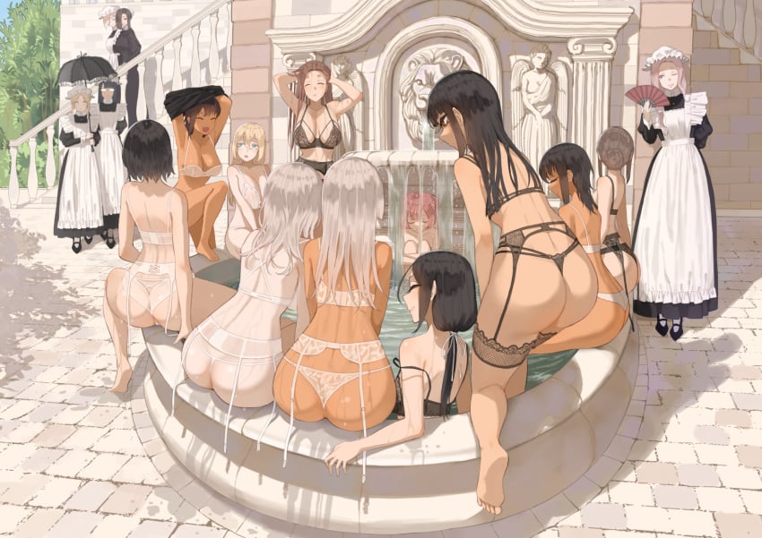 16girls 6+girls bathing bra dark_skin female female_only fountain garter_belt garter_straps light_skin lingerie long_dress maid outside panties thong throtem